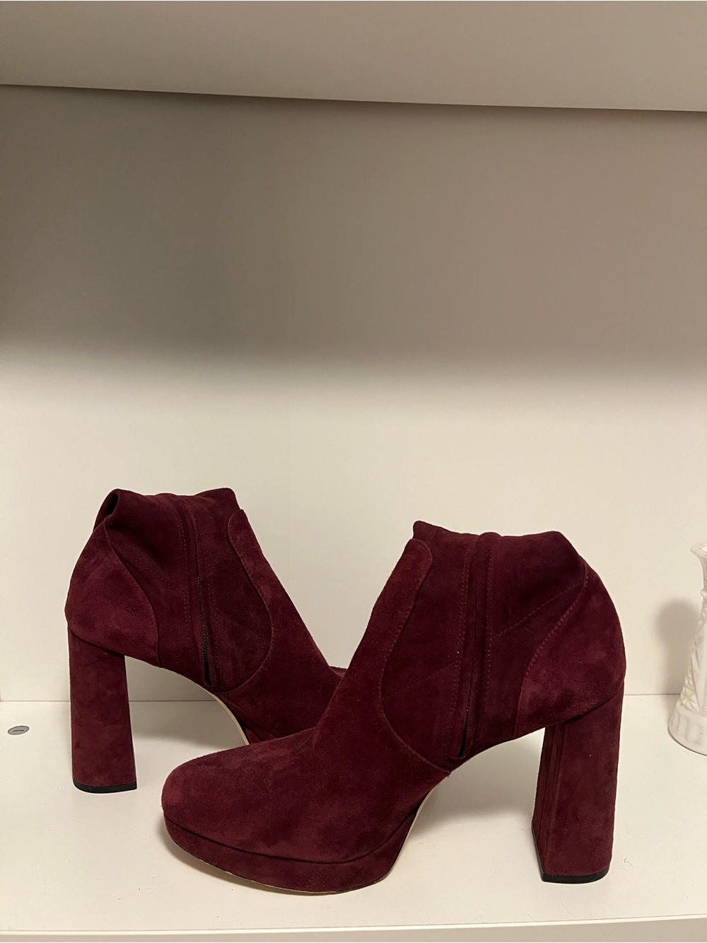 PAIGE Burgundy Suede Fold-Over Block Heel Ankle Boots - Picture 4 of 5